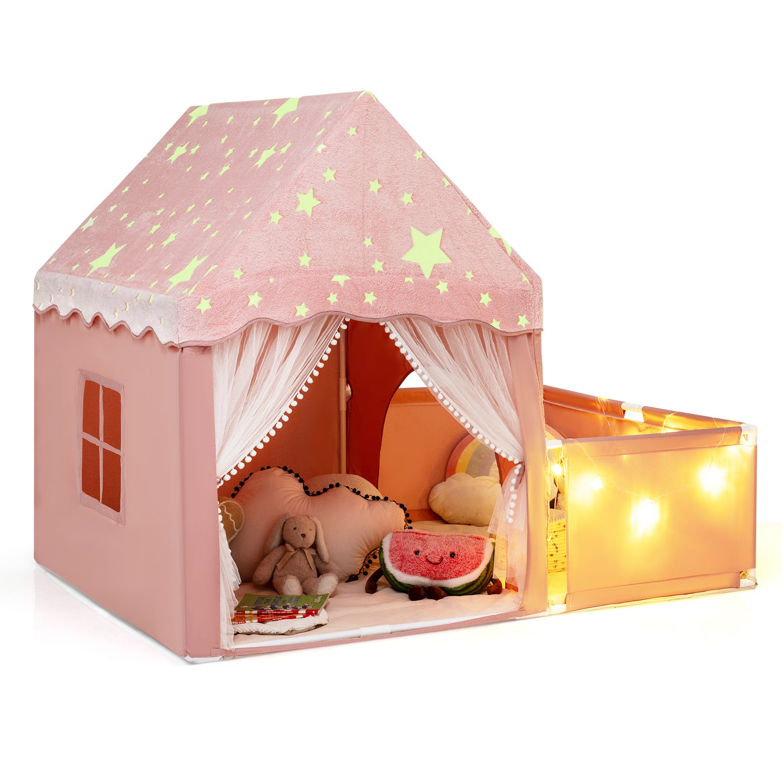 Costway 2-in-1 Speeltent voor kinderen met oplichtende functie, speelhekje, speelhuis en mat, Roze