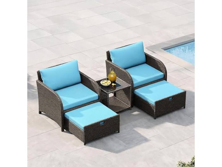 GarveeMore Rattan Gartenmöbel Set 5 Teilig, Lounge Möbel Outdoor Balkon Bequemen Polstern, Ottomans,Gehärtetem Glas Couchtisch, Garten,Veranda,Terrasse,Wetterfestes ,Terrassenmöbel