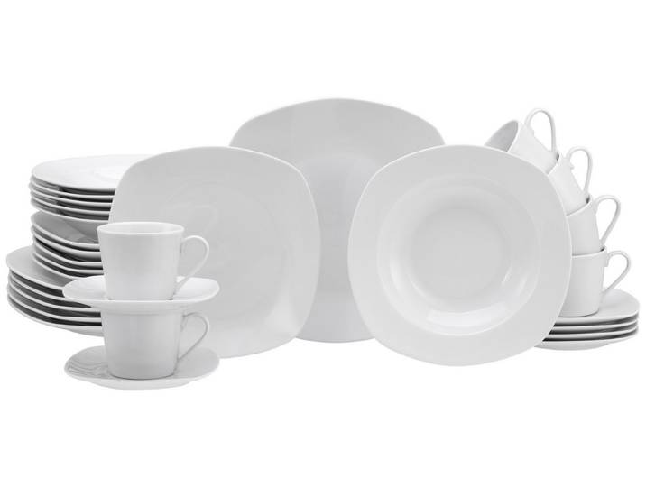 creaTable Kombiservice Geschirr-Set Amelie (30-tlg), 6 Personen, Porzellan, Service, weiß, quadratische Form, 30 Teile, für 6 Personen