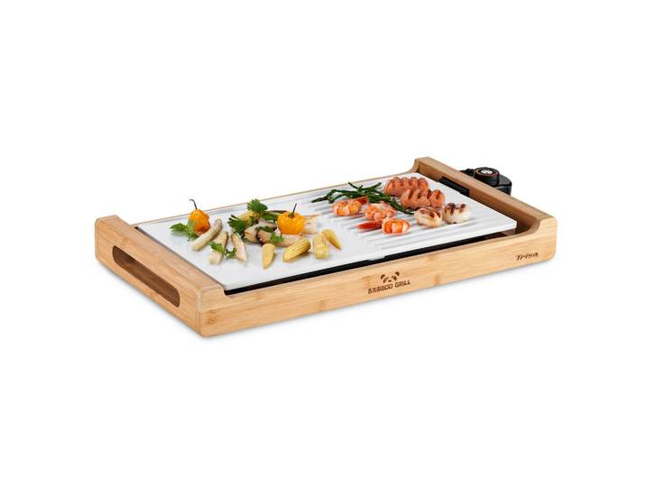 Trisa Electronics Tischgrill, Weiss, Holz, Metall, Keramik, Bambus, 28x6x53 cm, RoHS, Warmhalteplatte, einstellbarer Thermostat, antihaftbeschichtet, einfache Reinigung, Keramikbeschichtung, Fettauffangschale, Ein-/Ausschalter, Tischgrills & Fondues, Raclette-Grills
