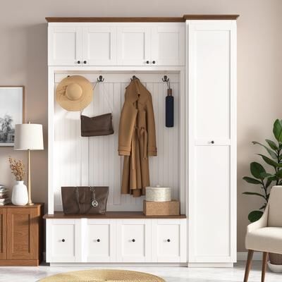 ZWYO HOSIMU "78.7""H Farmhouse Hall Tree with Storage Bench, Cabinets, Drawers and Hooks for Entryway, Hallway, Mudroom"