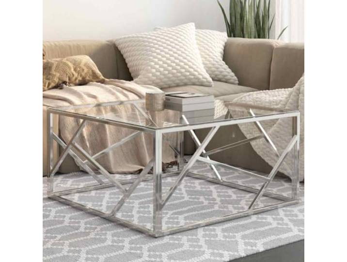 HEFZGDB Couchtisch Silbern Edelstahl und Hartglas, Robuster Akzenttisch mit Stahlgestell und pflegeleichter Glasplatte, Moderner Wohnzimmertisch mit schlichtem Design