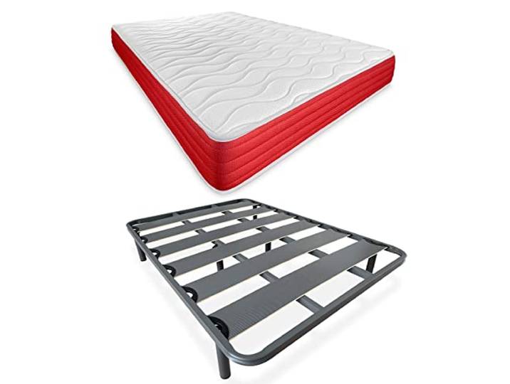 DUÉRMETE ONLINE Komplettes Bett mit wendbarer Matratze (Winter/Sommer) + verstärkter Lattenrost, 40 x 30 mm, mit 6 Metallfüßen, Stahllegierung, Grau, 150 x 190 cm
