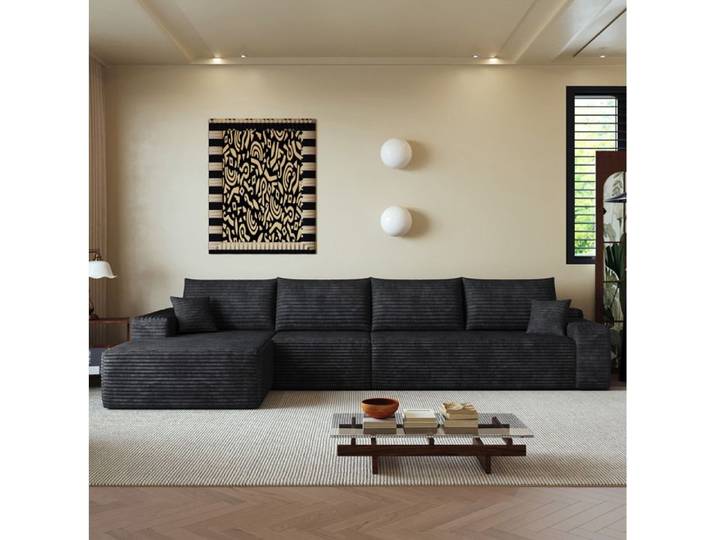 Canape D'Angle 4 Places En Tissu Noir Sofa Modulaire Moderne FloraGrace Pour Salon Ou Chambre Sans Montage 340x175x83cm