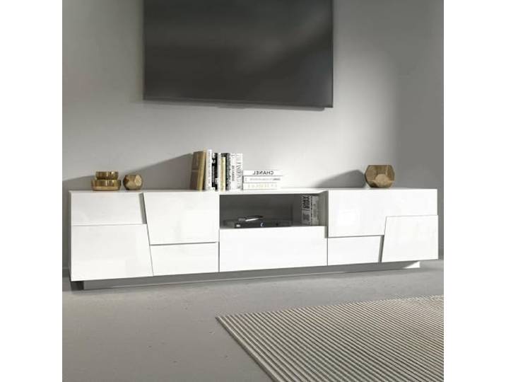 Dmora - TV-Ständer Velio, niedriges Wohnzimmer-Kommode mit 2 Türen und 1 Schublade, TV-Ständer-Basis, 150x44x46 cm, glänzendes Weiß