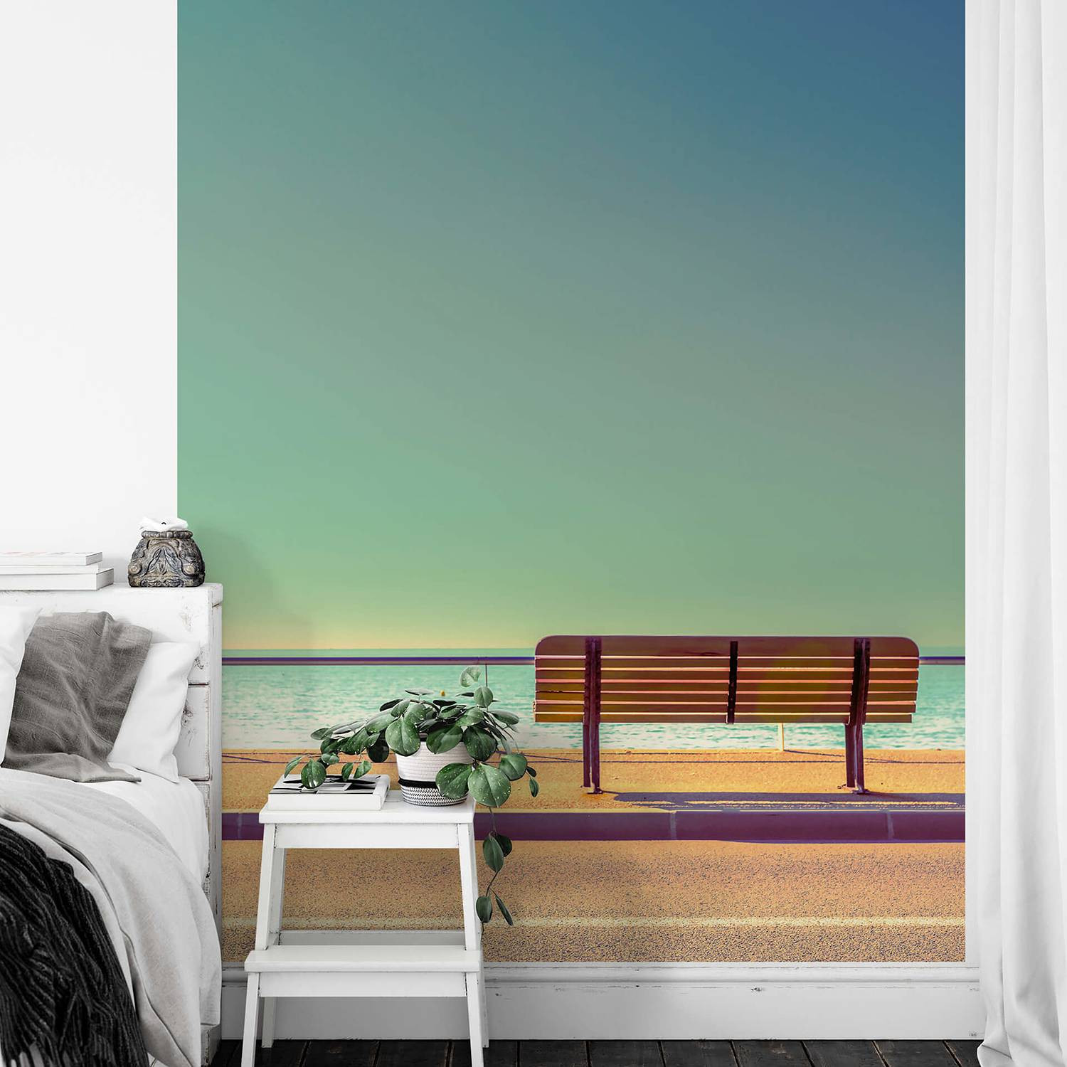 home24 Fotobehang Bench And Sea Multicolour Blauw Abstract Maritiem Landschap