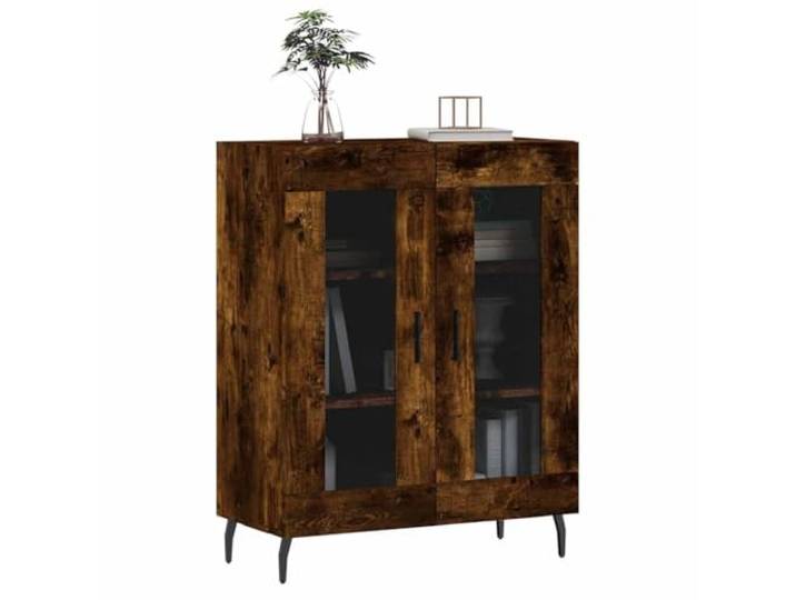 KTHLBRH Anrichte Eiche Rauch 69,5 x 34 x 90 cm Holz mehrschichtig Glas-Design, großer Stauraum, Metallfüße, obere Ausstellungsfläche