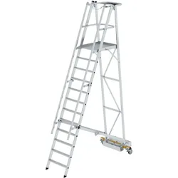 PROREGAL Plattformleiter klappbar mit schmalem Fahrwerk | 12 Stufen | inkl. beidseitigem Handlauf | Aluminium | nivello Leiterschuhe