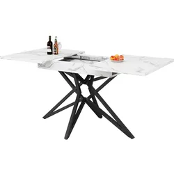 MODFU Ausziehbarer Esstisch 160x80x66 cm Weiß mit Marmoroptik Tischplatte, sternförmiges Metallgestell, MDF, verstellbare Füße, für 6 bis 8 Personen