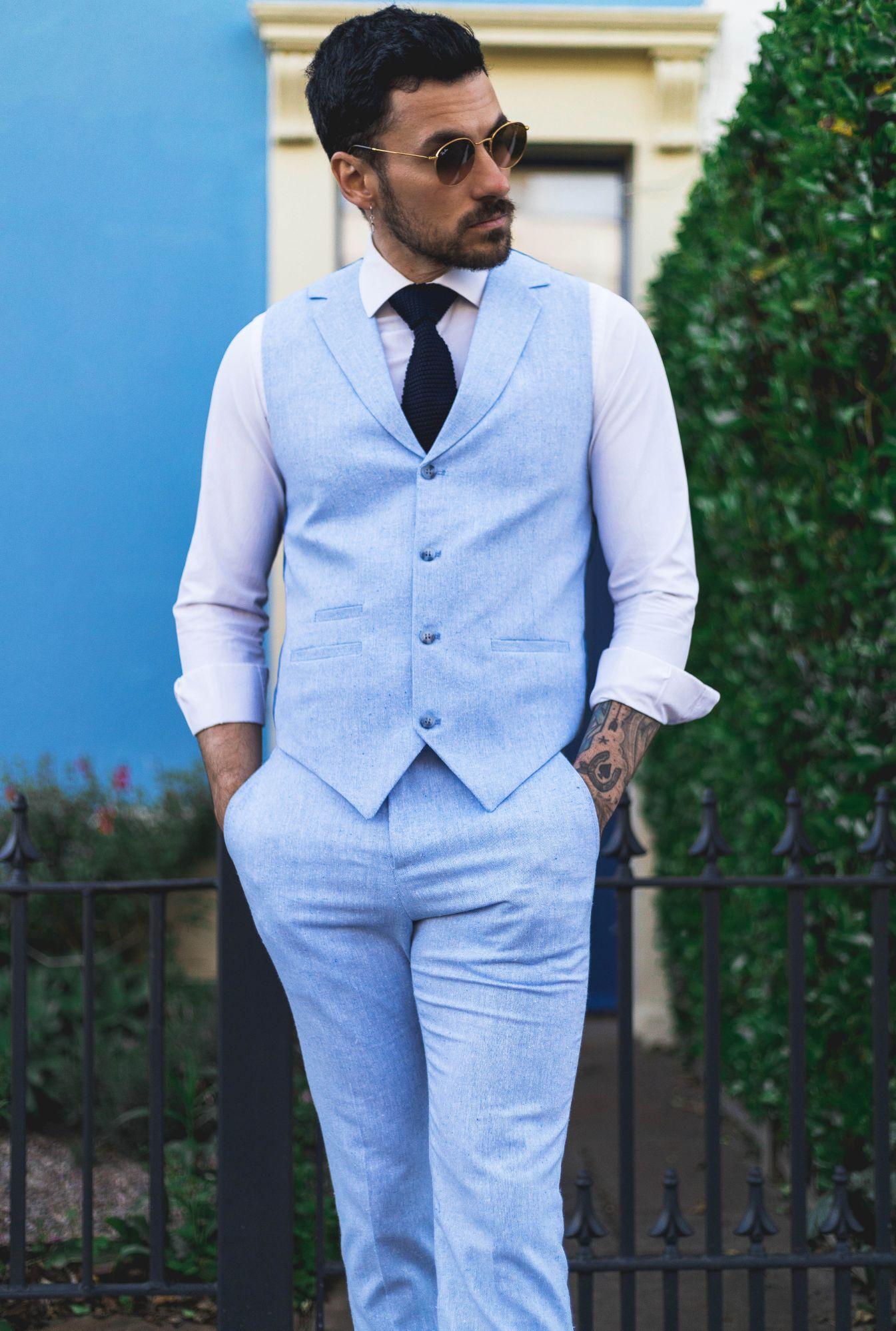 Herren Sommer 2-Teiler Anzug Leinen Formal Hellblau Weste Hose