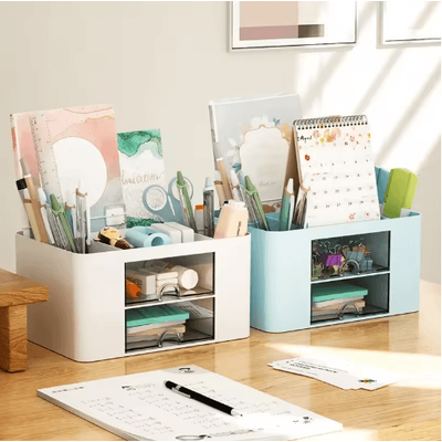 Drawer Type Stationery Storage Box With Multiple Compartments And Dust Protection blue