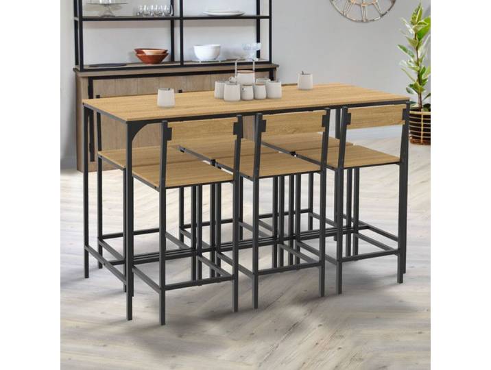 IDMARKET Ensemble table haute de bar DETROIT 150 cm et 6 chaises de bar design industriel