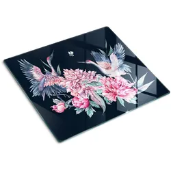 GLASPLATTE 60x52 cm Kraniche Pfingstrosen