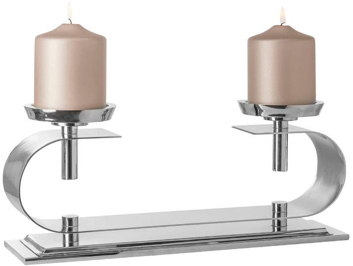 Kerzenleuchter FINK TWINSON , silber (silberfarben), B:39cm H:15,5cm T:10cm, Aluminium, Edelstahl, Kerzenhalter, Kerzenleuchter, Stumpenkerzenhalter, 2-flammig, vernickelt