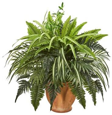 Nearly Natural "23"" Mixed Greens and Fern Artificial Plant in Terra Cotta Planter"