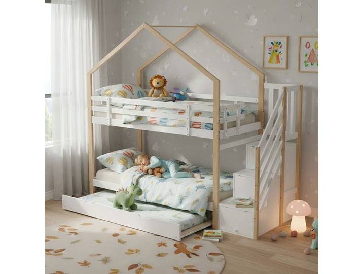 COVREO Lit superposé cabane enfant 90x200 avec lit gigogne 90x190 escalier de rangement blanc et naturel