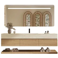 Wandhängendes Badmöbel-Set Travertin-Look mit Sinterstein Waschbecken Spiegel Unterschrank Ablage mit Armaturloch 100×55 cm【YT9865-100 K】