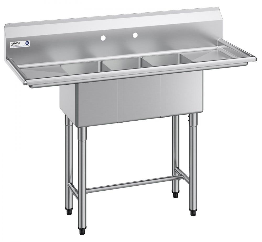 Spülbecken für Küchen, 3-fach - Edelstahl 304 - 1372 x 508 x 1097 mm - Professionelles Spülbecken - Mit Spritzschutz