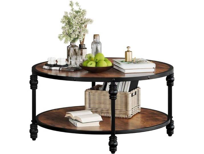 AFF Table Basse Ronde à 2 niveaux table basse de salon table d'appoint style industriel cadre en métal noir Couleur rétro
