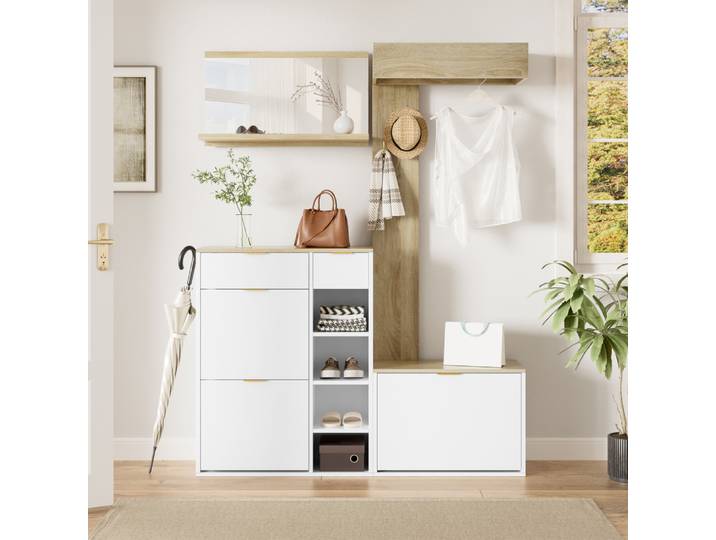 Ensemble de meubles d'entrée mural PINGGO avec étagère à chaussures, banc, miroir et armoire avec étagère - Solution de rangement complète
