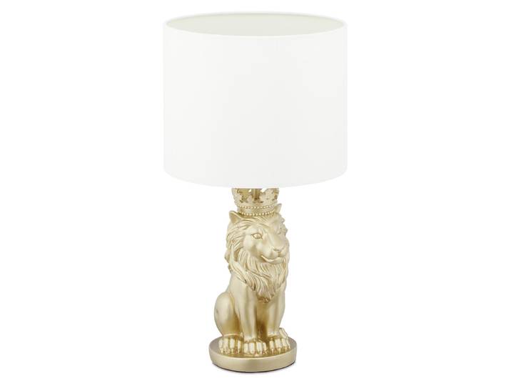Relaxdays Tischlampe Löwe, Tischleuchte mit Stoffschirm, E27, prunkvolle Nachttischlampe, H x D: 47,5 x 25 cm, weiß/gold