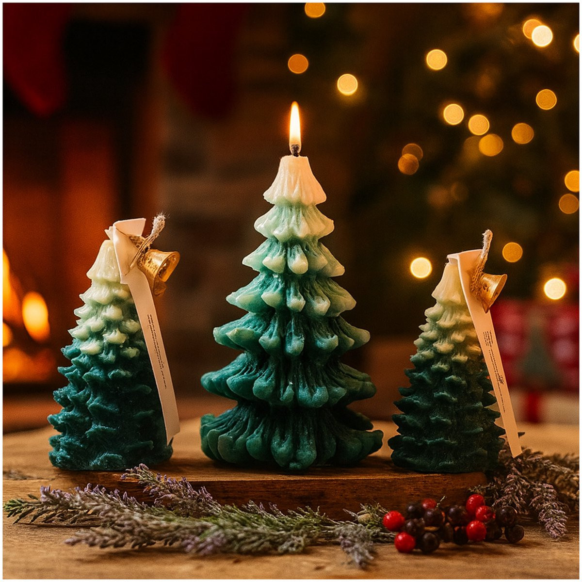 MMOBIEL Set van 3 handgemaakte kerstboom soja wax geurkaarsen met jeneverbes & lavendel - Groen