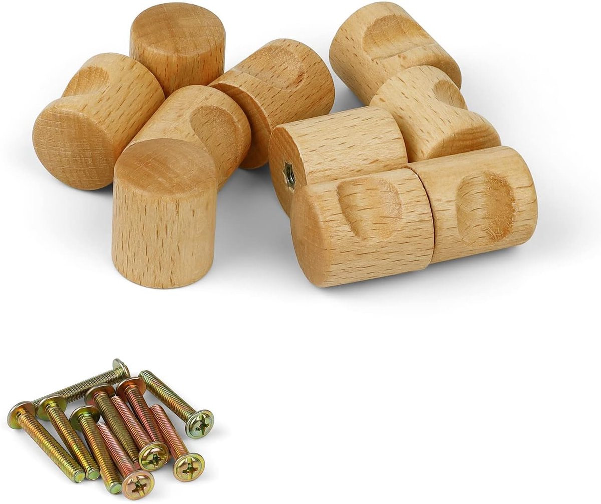 Set van 10 houten meubelknoppen en ladegrepen van natuurlijk berkenhout, houtkleur