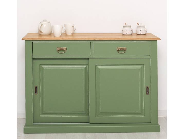 Schiebetüren-Sideboard in resedagrün mit Eichenplatte