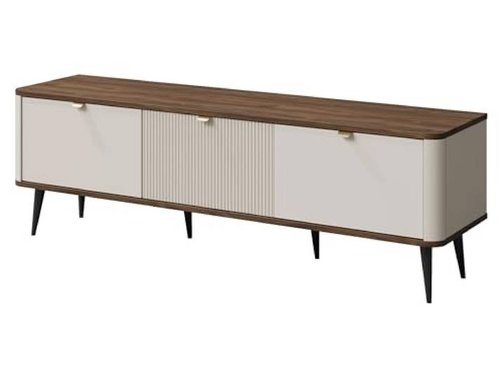 Mirjan24 TV-Lowboard Rotevio 3K RT13 mit 3 Türen und Staufächern, Fernsehschrank, TV-Kommode mit abgerundeten Seiten, TV Sideboard (Cashmere + Nuss)