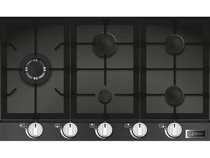 Kaiser Küchengeräte Gas-Kochfeld KCG 9387, 90cm,Einbau Herd, Knebel aus Edelstahl,Schwarz Glas, 3,8 KW WOK