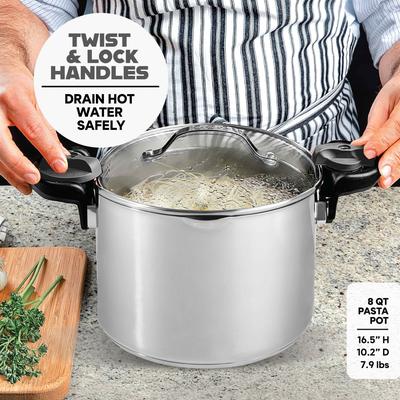 Gotham Steel Stainless Steel Pasta Pot with Built-In Strainer and Locking Handles Multi-Purpose Stock Pot