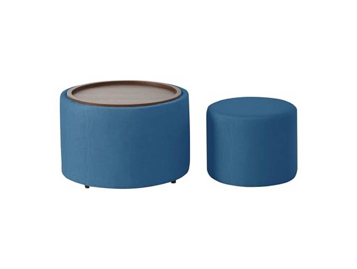 Nordischer Skandinavischer Nesting Hocker 2er Set mit Leinenbezug und Holzablage - Multifunktionale Quadratische Ottomane als Sitzhocker & Fußstütze, 58 cm Rund, Blau