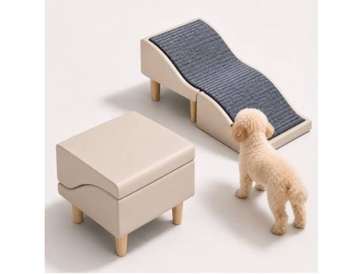 Hunderampe, Haustiertreppe, Klappbarer 2-in-1-Hocker, 80 cm 32°-Wellenneigung, abnehmbare Filzmatte und Holzrahmen für sicheren Alltag(Khaki)