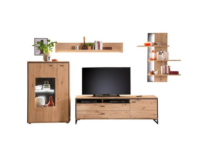 Livetastic Wohnwand Skopje, Anthrazit, Eichefarben, Metall, Kunststoff, 3 Fächer, 2 Schublade(n) Schubladen, 337x210x50 cm, Made in EU, Wohnzimmer, Wohnwände, Komplette Wohnwände