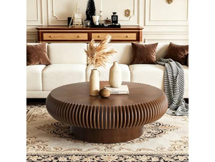 LOVEHOUGES Runder, geriffelter Couchtisch mit Massivholzfurnier Handgefertigter, moderner Couchtisch in Trommelform – einfache Montage – ideal für Wohnzimmer, kleine Apartments