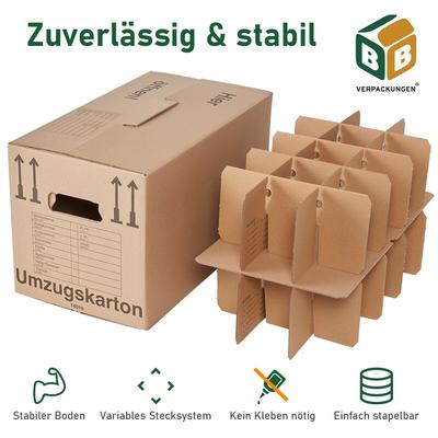 25 x Gläserkarton inkl. Einsatz 40 kg Traglast stabiler Umzugskarton Gläserkiste Umzug 2-wellig BB-Verpackungen