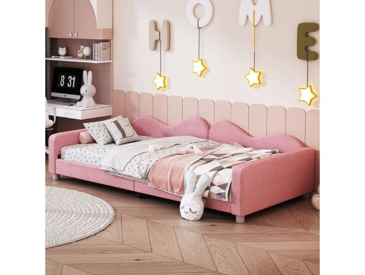 Lit enfant banquette 90 x 200 cm en tissu effet teddy rose avec sommier à 12 lattes