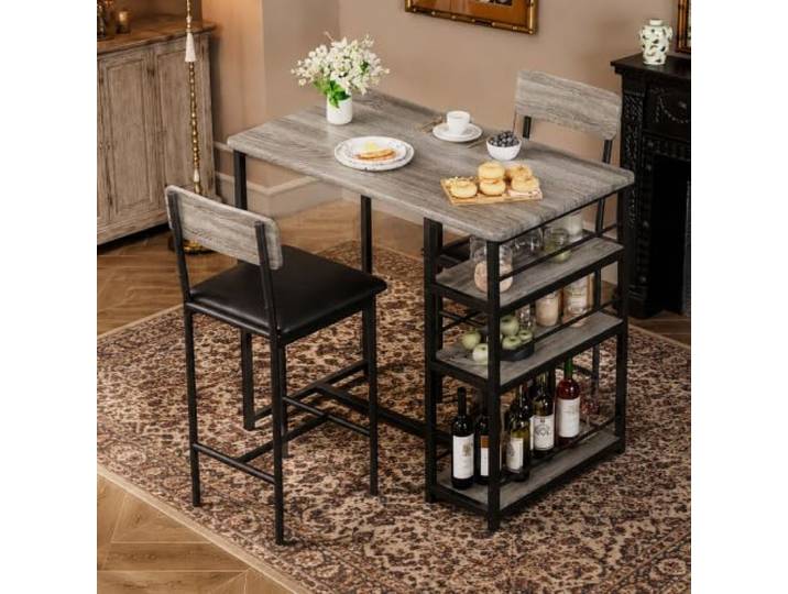 Garvee Bartisch Set 3-teilig, Stehtisch mit 2 Barhockern mit Rückenlehne, Küchentisch mit 3 Ablagen, Esszimmer-Set für Küche und Essbereich, Grau