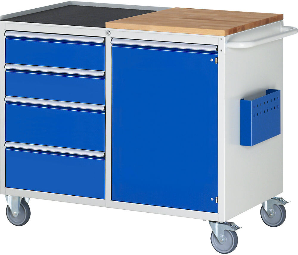Kompaktwerkbänke, fahrbar, 4 Schubladen, 1 Tür, Arbeitsfläche Holz / Metall, lichtgrau / enzianblau RAU