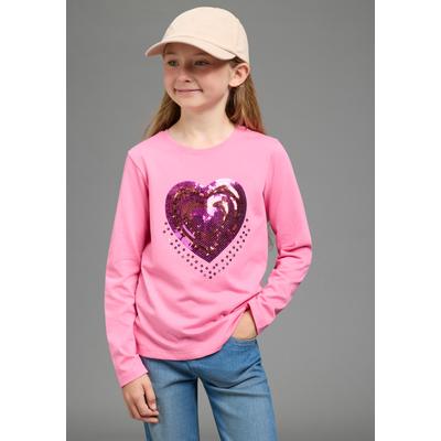 Langarmshirt SCOUT "Süßes Shirt mit großer Herz-Pailletten Applikation - NEU von SCOUT", Mädchen, Gr. 104/110, pink, Single Jersey, Obermaterial: 100% Baumwolle, bestickt, Basic hüftlang, Rundhals, Shirts Langarmshirt, Pailletten besetztes Shirt,...