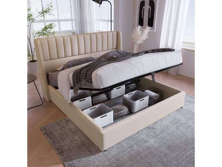 Lit 160x200 avec sommier lit 160x200 lit coffre lit double lit à levier hydraulique avec sommier à lattes lin beige