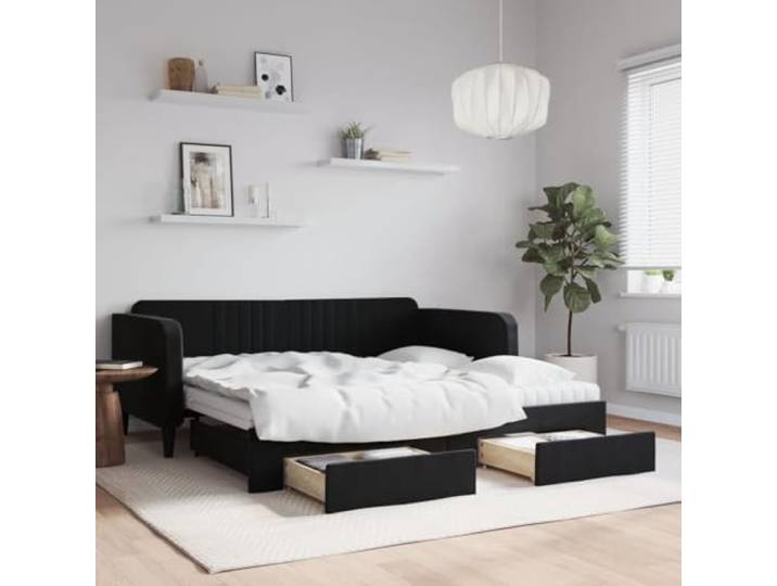 RJPLMFV Tagesbett mit Ausziehbett und Schubladen, Schwarz, 90 x 190 cm, Velours