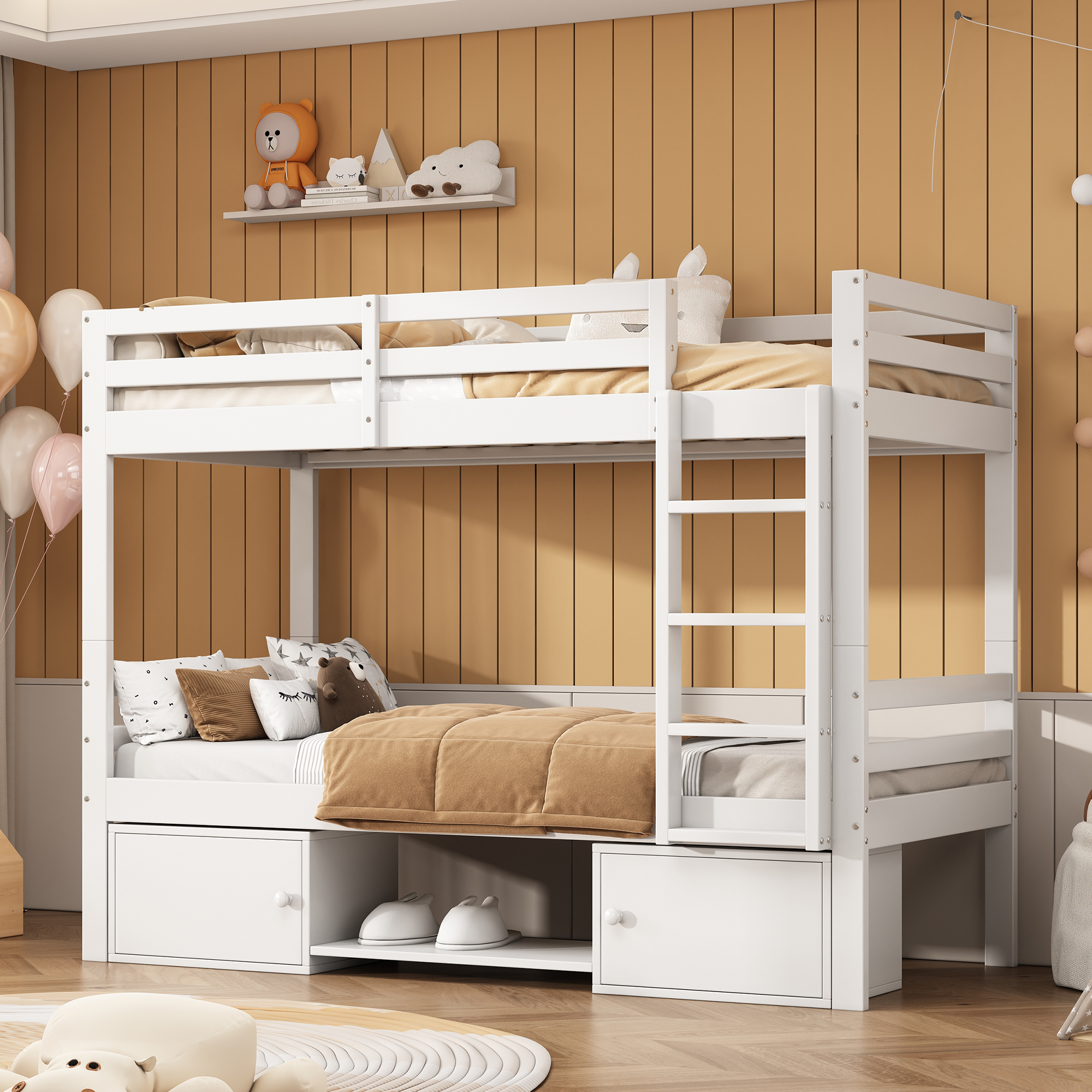 Kinder-Etagenbett mit Schuhregal, Schließfächern, 2 Einzelbetten, Weiß, 90x200cm
