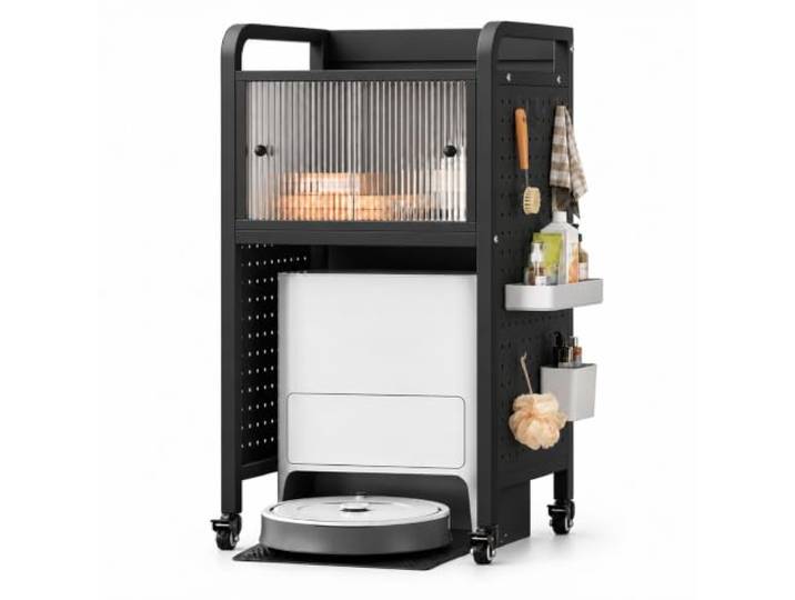 Aufbewahrungsschrank für Saugroboter, Saugroboter Verstecken Schrank Rollen Freistehendes Platzsparendes Regal, Lochwand, Schiebetüren, für Wohnzimmer, Eingangsbereich, Schlafzimmer, Homeoffice(Black)