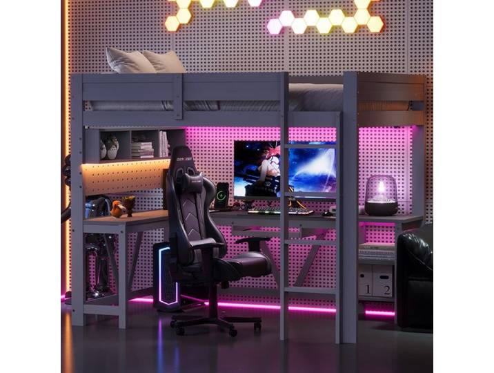 Lit mezzanine - CIPACHO - Mezzanine gaming - 90x200 cm - Bureau & rangements - LED 7 couleurs