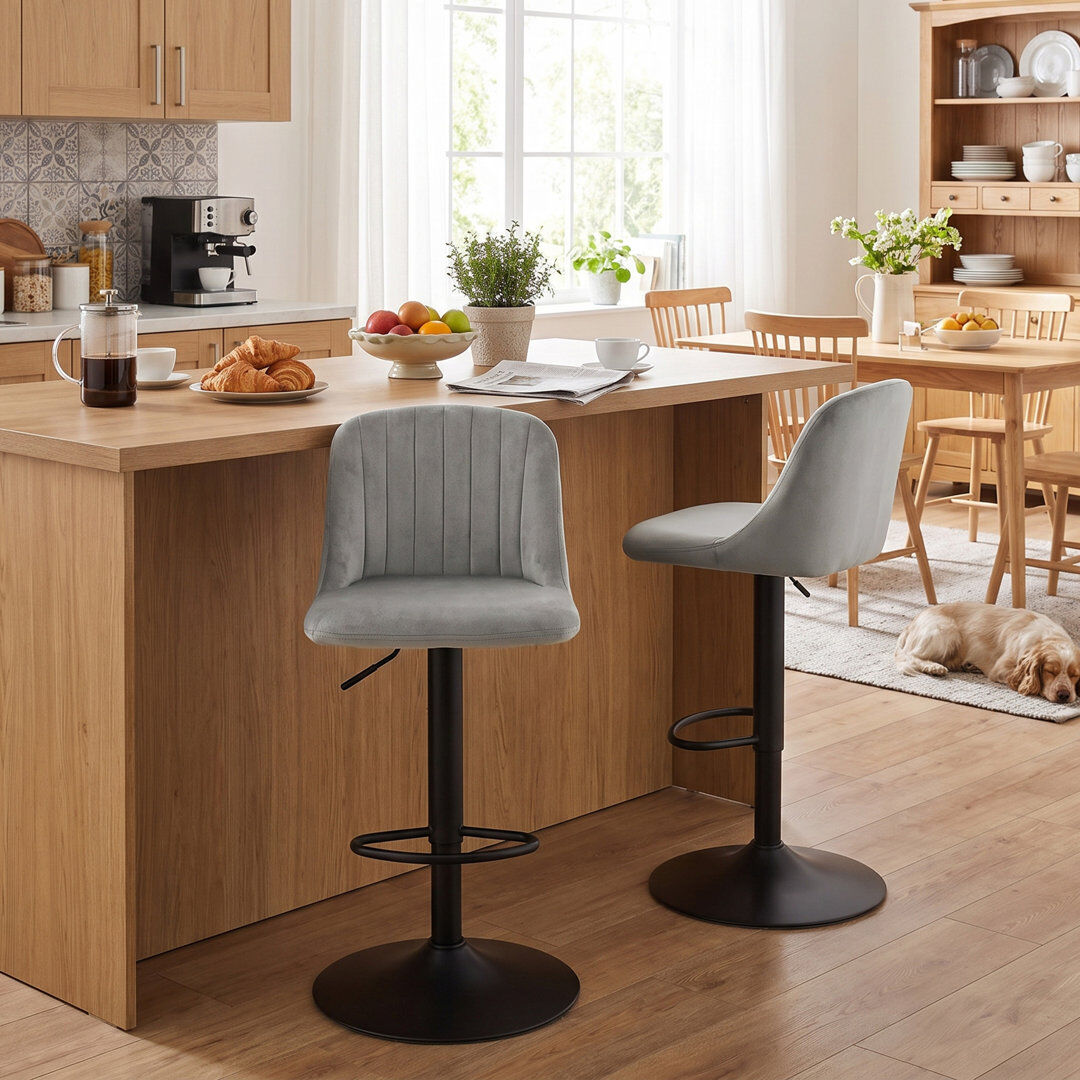 Brayden Studio Swivel Upholstered Bar Stool Light Grey / Black 112cm H X 43cm W X 41cm D