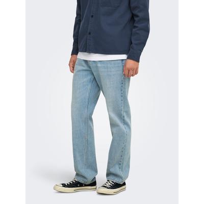 Straight-Jeans ONLY & SONS "ONSEDGE STRAIGHT DNM", Herren, Gr. 36, Länge 32, blau (light blau denim), Denim/Jeans, Obermaterial: 100% Baumwolle, Abriebeffekte, straight fit lang, Jeans Straight-Jeans, Baumwolle, straight fit