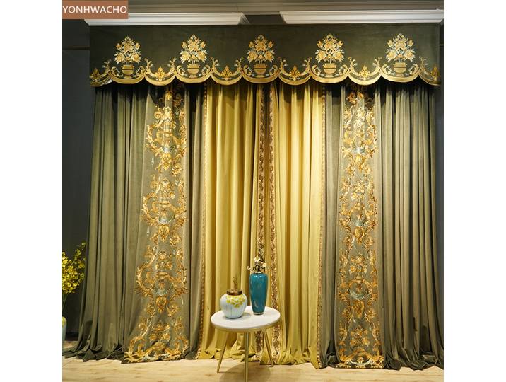 Rideau occultant en tissu épais brodé en velours vert pour salle de luxe, personnalisé, cantonnière en tulle C406 *