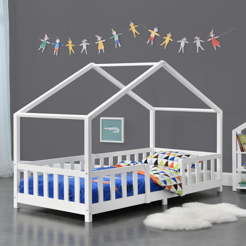 Kinderbett 90x200 cm - Aus massivem Kiefernholz, mit Hausform und Sicherheitsgitter