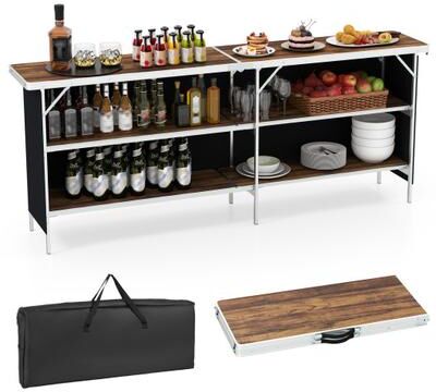 Costway Aluminum Portable Picnic Table with 2-Tier Open Shelves and Spacious Tabletop-Coffee